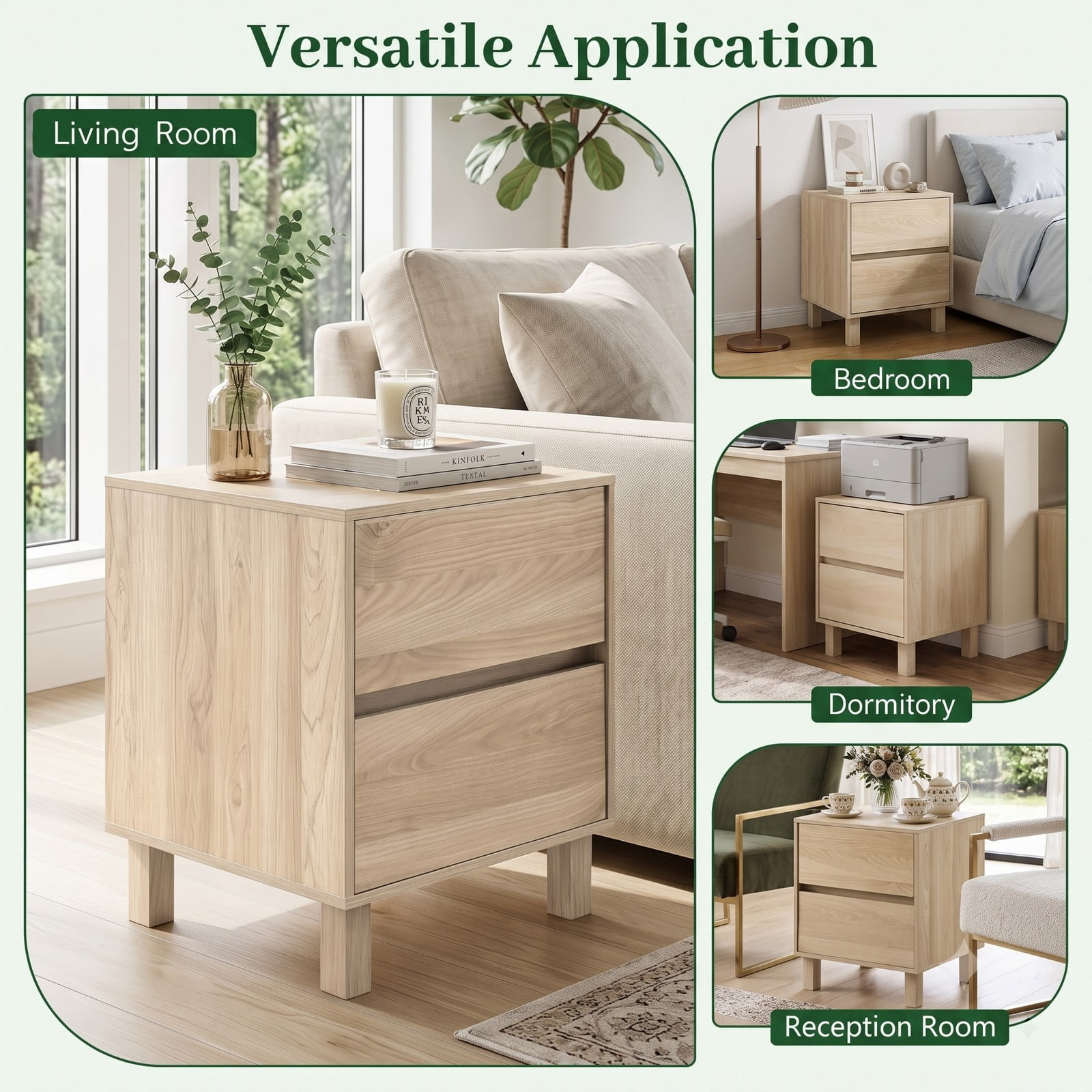 Furnibear Modern Wooden End Table with 2 Storage Drawers, Nightstand Side Table with Elevated Legs and Anti-Toppling Device for Living Room Bedroom Study, Natural