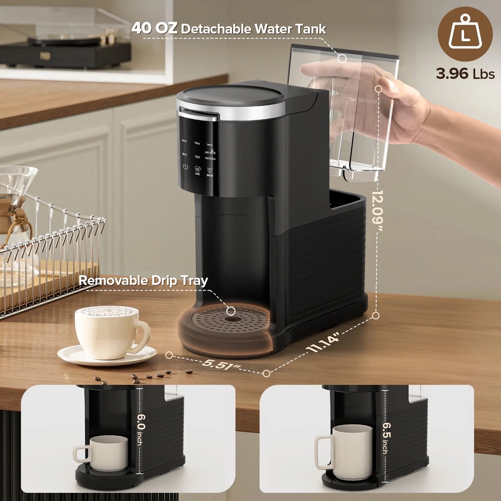 Auseo 2.0 1200W Single Serve Coffee Maker for Capsules and Ground Coffee Compatibility, Fast Heating, 40oz Removable Water Reservoir, Black for Home/Office/RV
