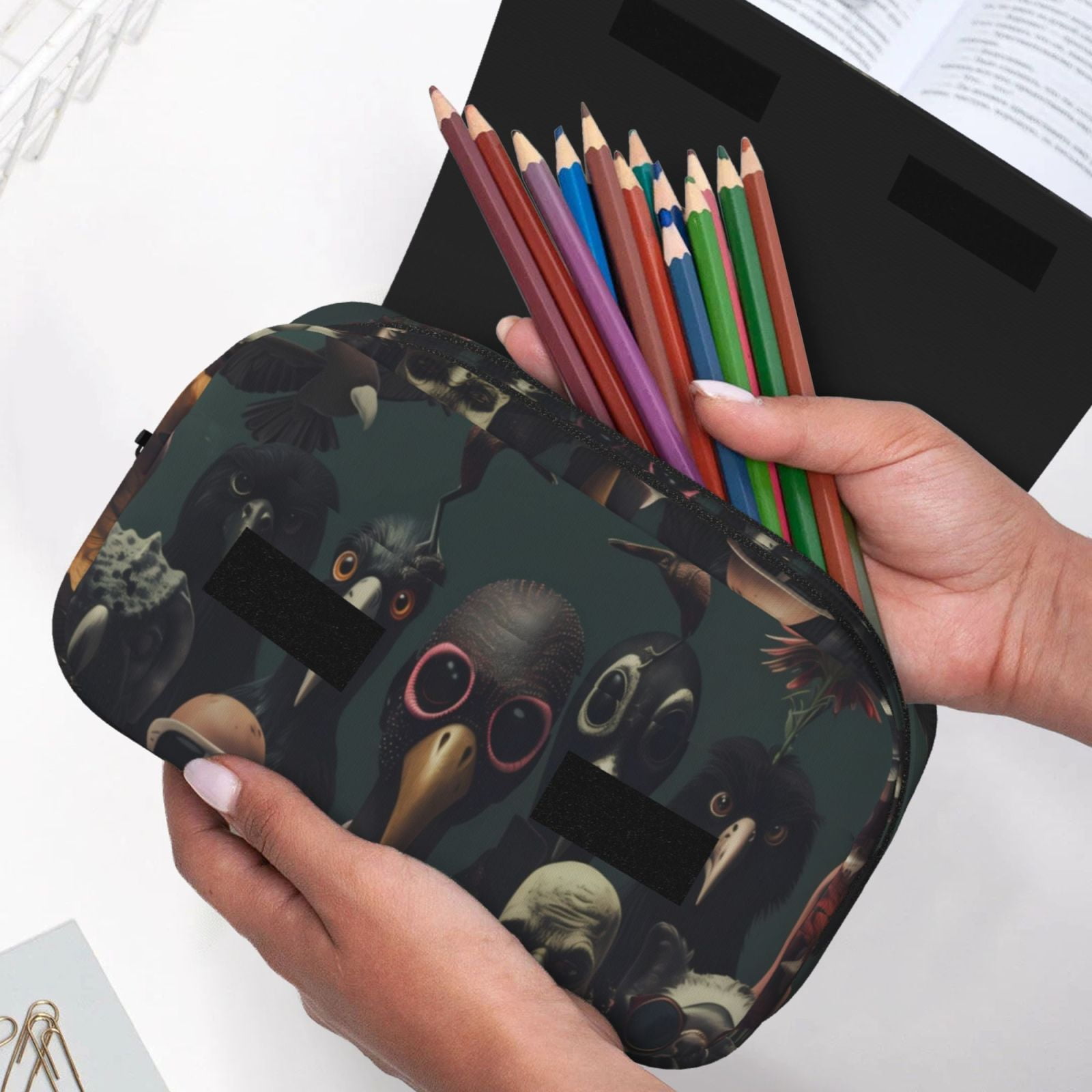 Rateoe Stylish Avian Gathering Pattern Double Clamshell Pen Case, Storage Organizer with Two Zipper Compartments– Holds Up to 50 Pencils & Pens