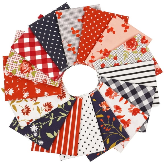 Soimoi 16 Pc Fat Quarter Bundle-Floral With GeometricsPrint 18"x 22"DIY Patchwork-100% CottonPre-Cut Quilting Fabric Red- Blue & White