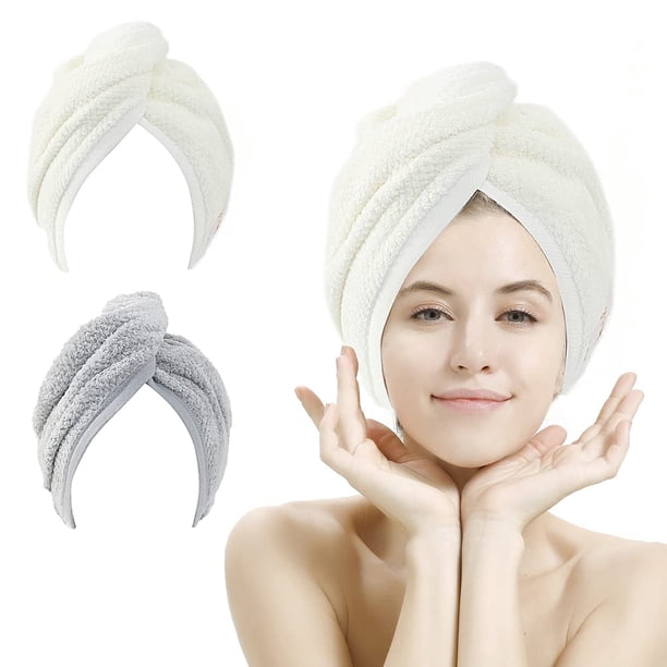 M-bestl Paquete de 2 toallas para el cabello, toalla de secado de cabello Absobent con botones, toalla de microfibra para secar el cabello rápidamente (beige y gris)