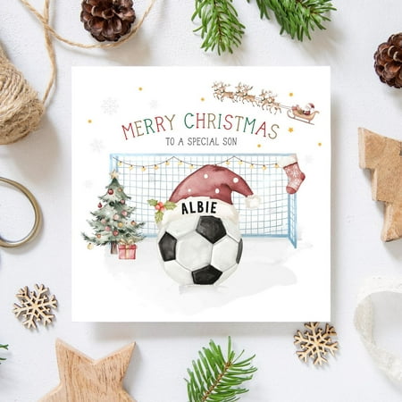 Personalized Christmas Card for Son – Soccer Ball & Holiday Design – "Merry Christmas" Theme – Special Keepsake for Your Child with Custom Name