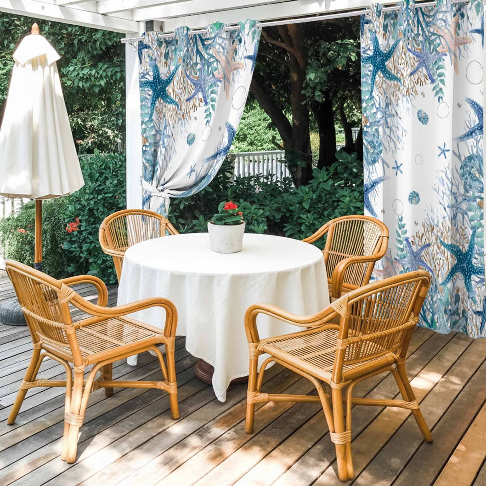 Summer Marine Life Outdoor Curtains for Patio, Watercolor Blue Starfish Ocean Bubble Coral Sunshade Privacy Drapes Grommet Waterproof Outside Curtains for Porch/Cabana/Balcony 54"x 108", 1 Panel