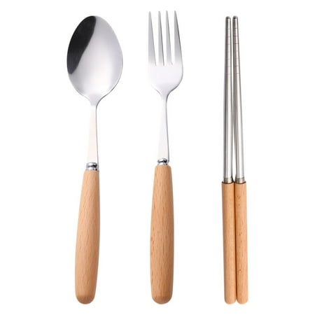 

PATKAW 1 Set Household Wooden Handle Fork Spoon Chopstick Kit Stainless Steel Flatware