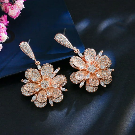 Chic Rose Gold Plated CZ Big Flower Drop Dangle Earrings for Women Ear Jewelry