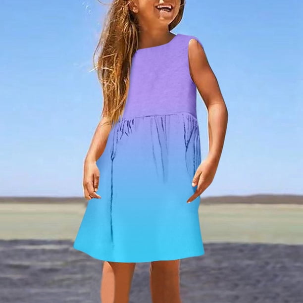 WILLBEST Vestido de Verano sin Mangas para Niña, Corte A, Elástico, Cómodo, Cuello Redondo, Informal, con Estampado Degradado para Niños Pequeños, Playa y Actividades Al Aire Libre 100