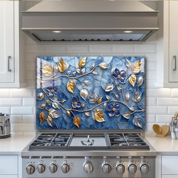 Tempered Glass Backsplash for Kitchen,Tree Leaf, Frameless, Stove Backsplash Protector for Wall,Easy to Clean, Home Decor (30"x24")