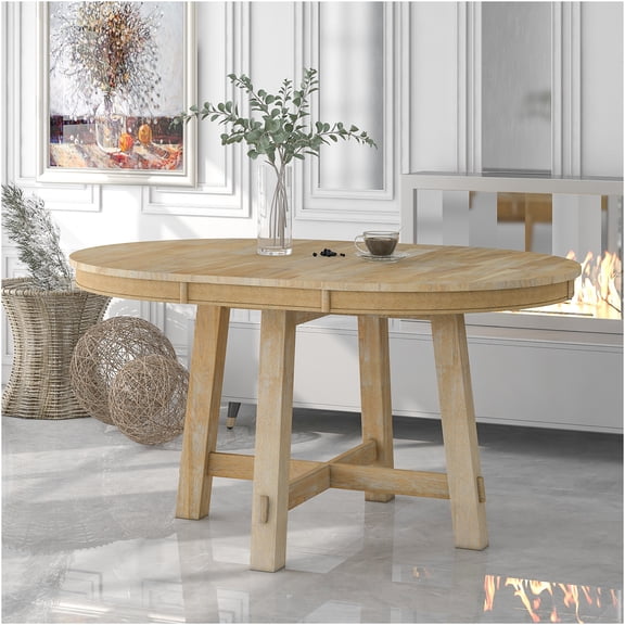 JERFIT Expandable Round Dining Table for Kitchen, Farmhouse Style Solid Wood Table with 16 Inch Leaf, Natural Wood Wash Finish
