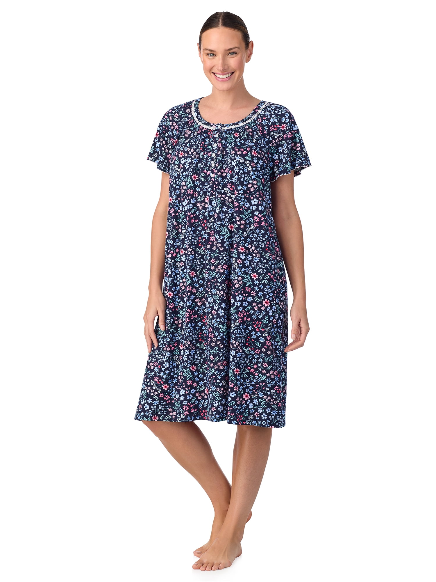 Aria Women's 100% Cotton Raglan Sleeve Smocked Neck Sleepwear 40" Gown, Sizes XS-5X