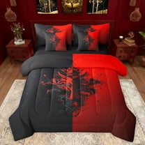 Feelyou Retro Gothic Graphic Twin Bedding Sets 7-Piece, Vintage Goth Graffiti Bedding Comforter Set, Black Red Reversible Sheet Sets, Luxury Bedroom Decor