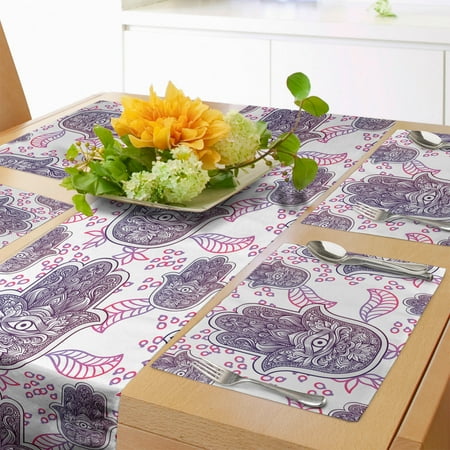

Hamsa Table Runner & Placemats Doodle Ombre Leaves and Circles with Motif of Importance from East Set for Dining Table Decor Placemat 4 pcs + Runner 14 x90 Hot Pink and Lavender by Ambesonne