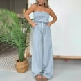 thumbnail image 2 of Off Shoulder Jumpsuit Women Plus Size Striped Strapless Jumpsuits Drawstring High Waisted Jumpsuits Rompers with Pockets, 2 of 5