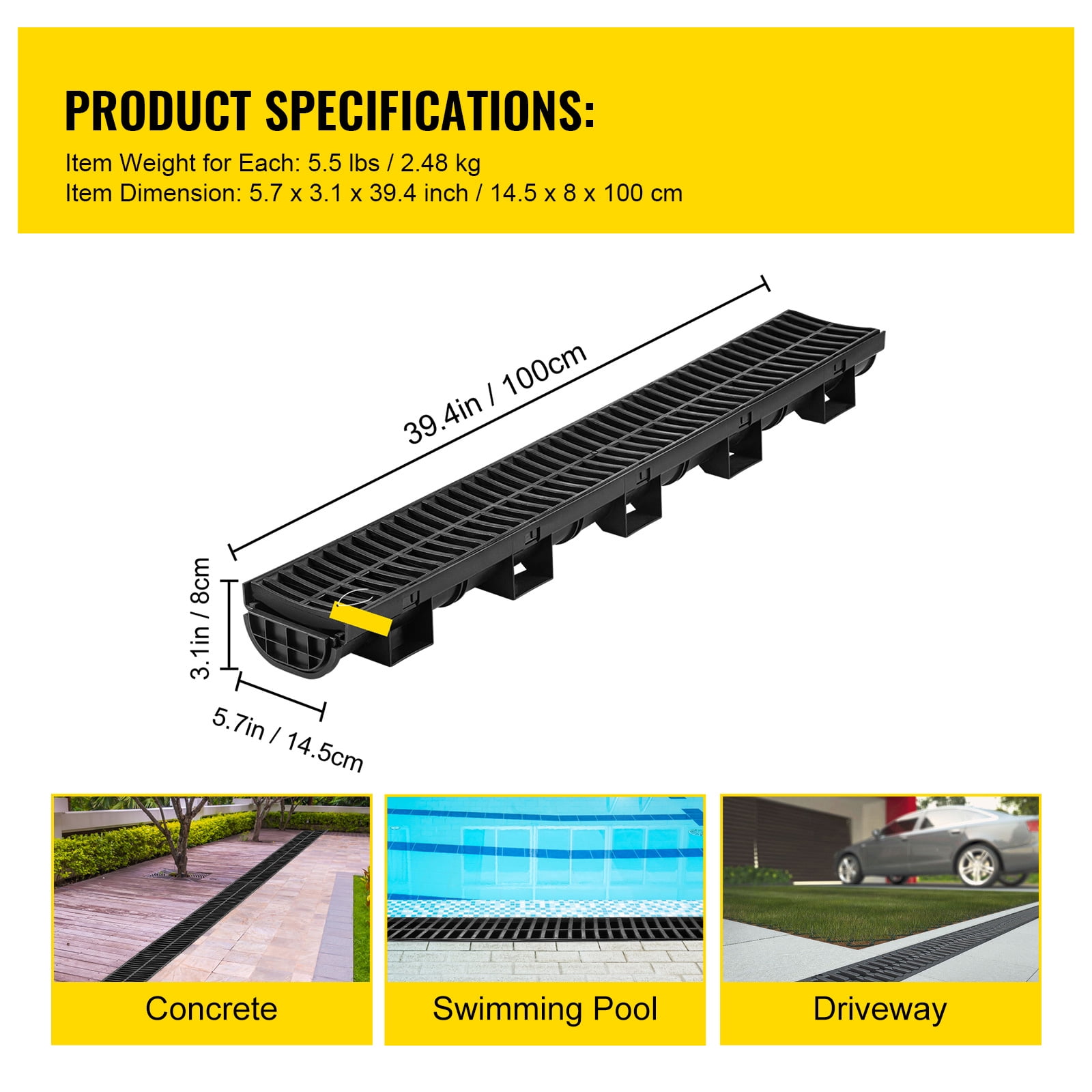 KFFKFF Trench Drain System Channel Drain with Plastic Grate 5.8x3.1" HDPE Drainage Trench, Black Plastic Garage Floor Drain 3x39" Trench Drain Grate