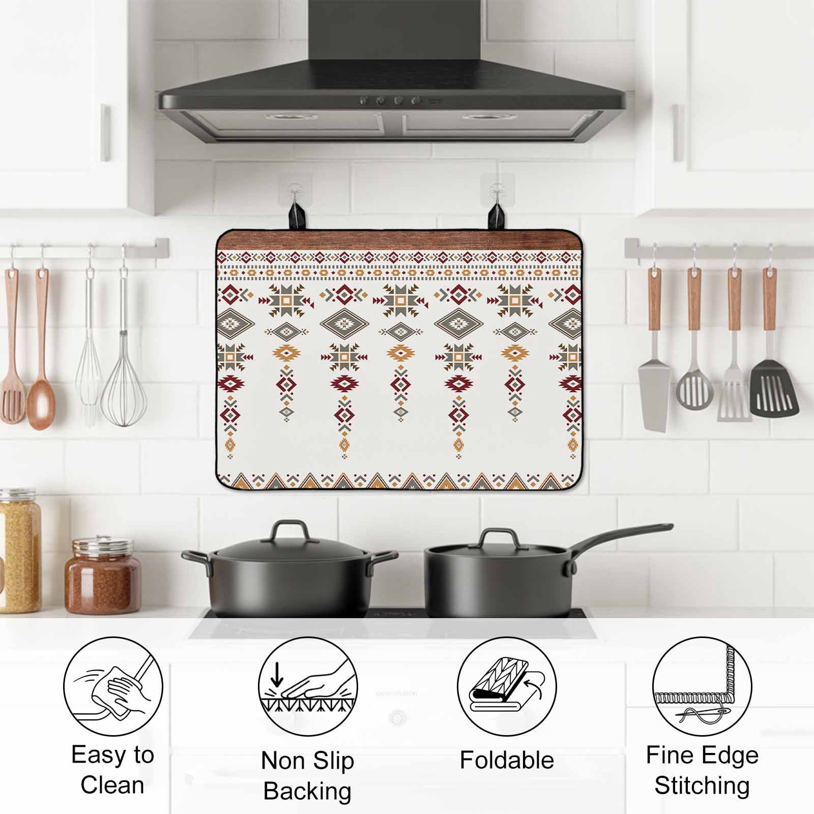 Southwest Geometric Stove Top Cover for Electric Stove, Heat-proof & Non Slip Glass Top Stove Cover Protector, Western Boho Ethnic Beige Grey Wooden Kitchen Flat Cooktop Rubber Mat 24x21 Inches
