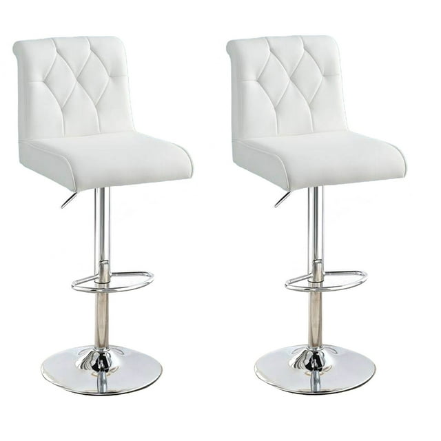 Benjara Adjustable Barstool with Rolled Button Tufted Back, Set of 2, White