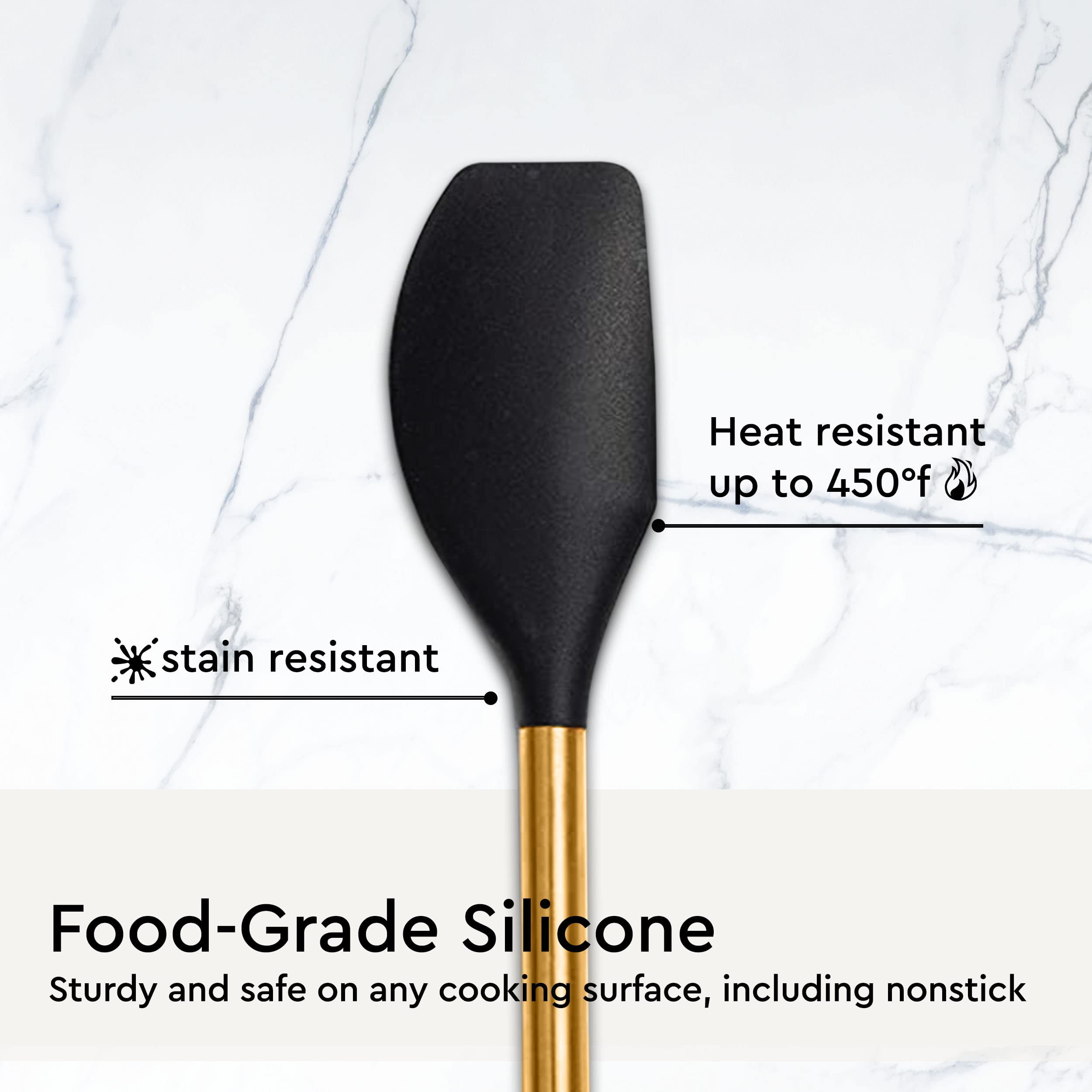 Black and Gold Kitchen Utensils Set 6PC Black Silicone Utensils Set Includes: Gold Tongs, Gold Whisk, Gold Serving Spoon, Gold Spatula & Turner-Black and Gold Kitchen Accessories & Gold Kitchen Decor