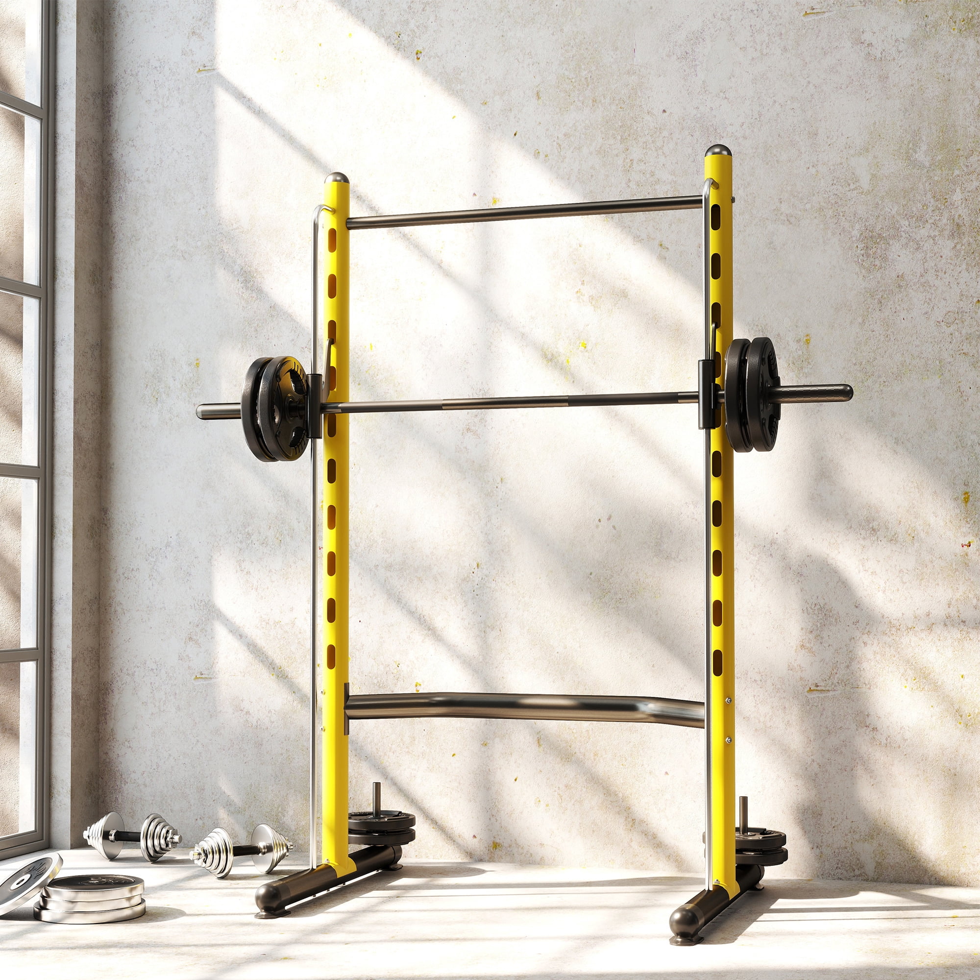 Soozier Adjustable Squat Rack with Pull Up Bar and Barbell Bar, Multi-Function Bench Press Weight Lifting Equipment, Yellow