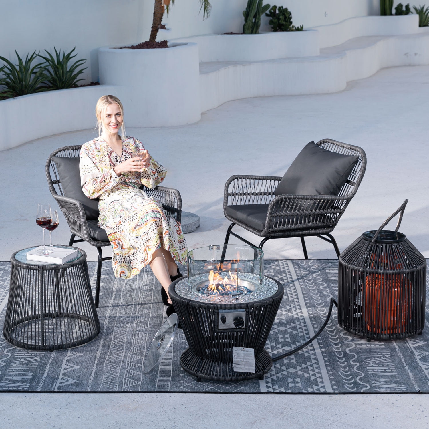 NICESOUL 5 Pcs Boho Outdoor Furniture Set with Fire Pit Table Wicker