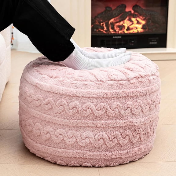 Pouf Ottoman Stuffed 20x20x12 Inches Floor Pouf Plush Fiber Ottoman Foot Rest Under Desk Foot Stool for Living Room Bedroom (Pink Pouf with Filler)