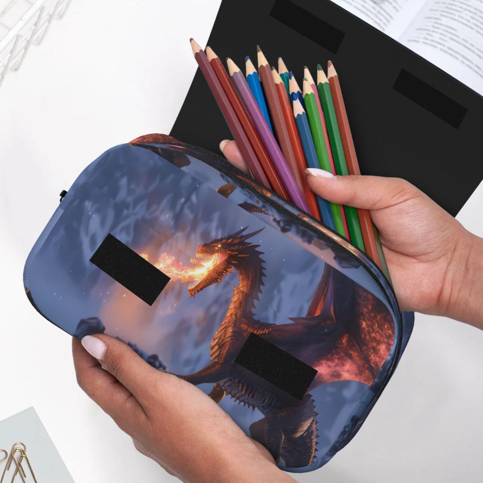 Rateoe Winter Fire Dragon Pattern Double Clamshell Pen Case, Storage Organizer with Two Zipper Compartments– Holds Up to 50 Pencils & Pens
