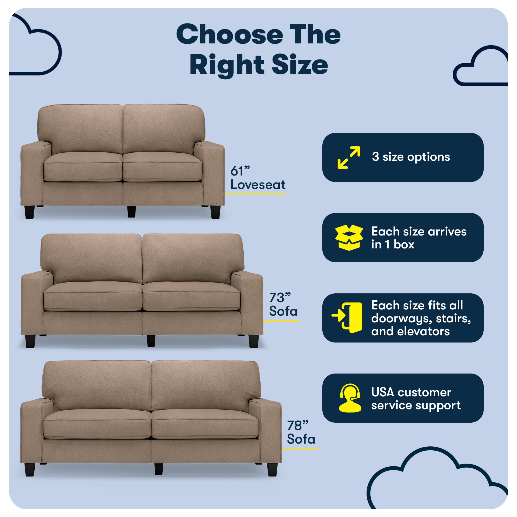 Serta Palisades 61" Track Arm Sofa, Easy Care Polyester, Loveseat or Couch for Small Spaces, Tan