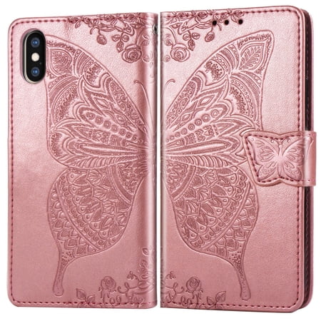iPhone X Case, iPhone XS Wallet Folio Case Magnetic Closure RFID Blocking Card Slots Kickstand Shockproof Absorption Double Protection Case for Apple iPhone X / Xs, Rosegold