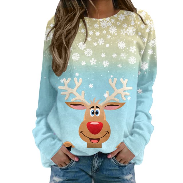 EHQJNJ Chandails en Molleton pour Femmes Tendance Automne Graphique Joyeux Noël Imprimé Col Rond Chandail en Molleton Col Rond Ajusté Pull Tops Décontracté Manches Longues Chemises d'Entraînement Blouse Ample