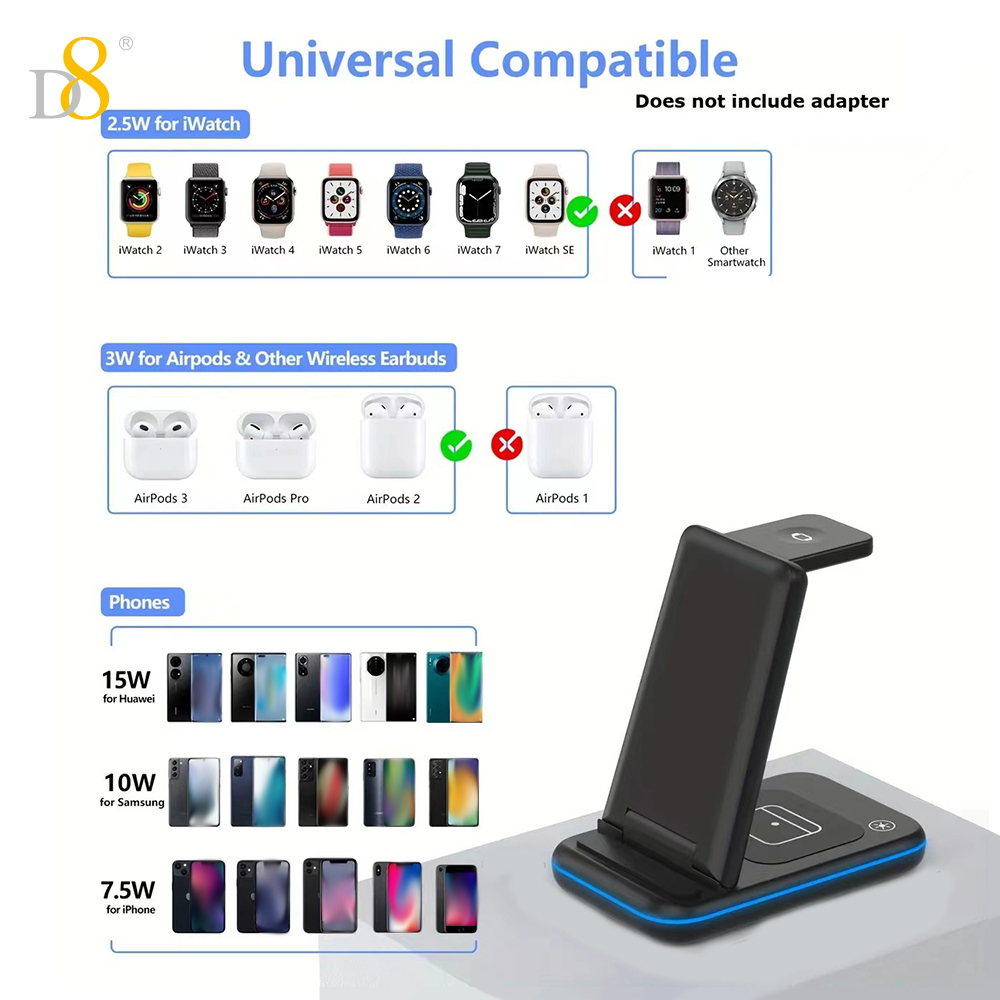 D8 Wireless Charging Station,3 In 1 Wireless Charging Stand Made Compatible With Apple Watch Ultra 9 8 7 6 SE 5 4 3,Fast Wireless Charger Made Compatible With IPhone 15/Plus/Pro Max/14/13/12/11/X