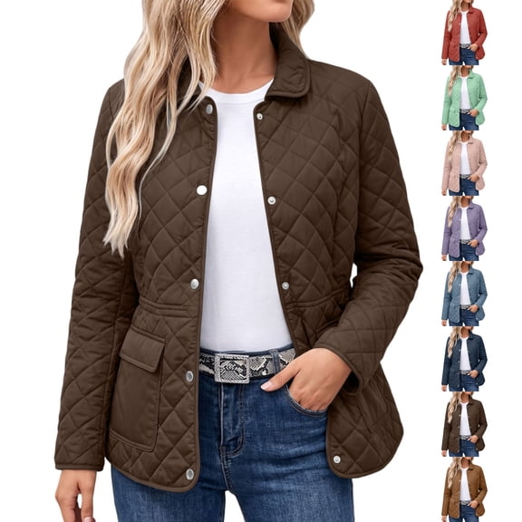 Women's Diamond Quilted Jacket,Snap Button Collar Lightweight Winter Coat with Pockets for Outdoor & Commute Wear
