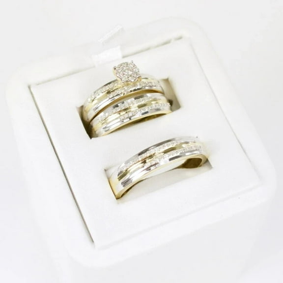 Bluebell Jewels Round CZ Trio Ring Set – 14K Yellow Gold Finish Silver Couple’s Bridal & Engagement Rings