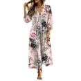 thumbnail image 2 of Ayolanni 3/4 Sleeve Fall Dresses for Women V Neck Plus Size A-Line Maxi Dresses Floral Weekend Elegant Beach Long Dress Pink L, 2 of 7