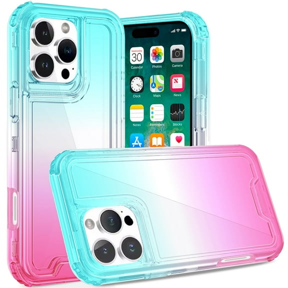 For iPhone 16 Pro Max 6.9 inch 3in1 Two Tone Shockproof Transparent Hybrid Case - Light Blue   Pink