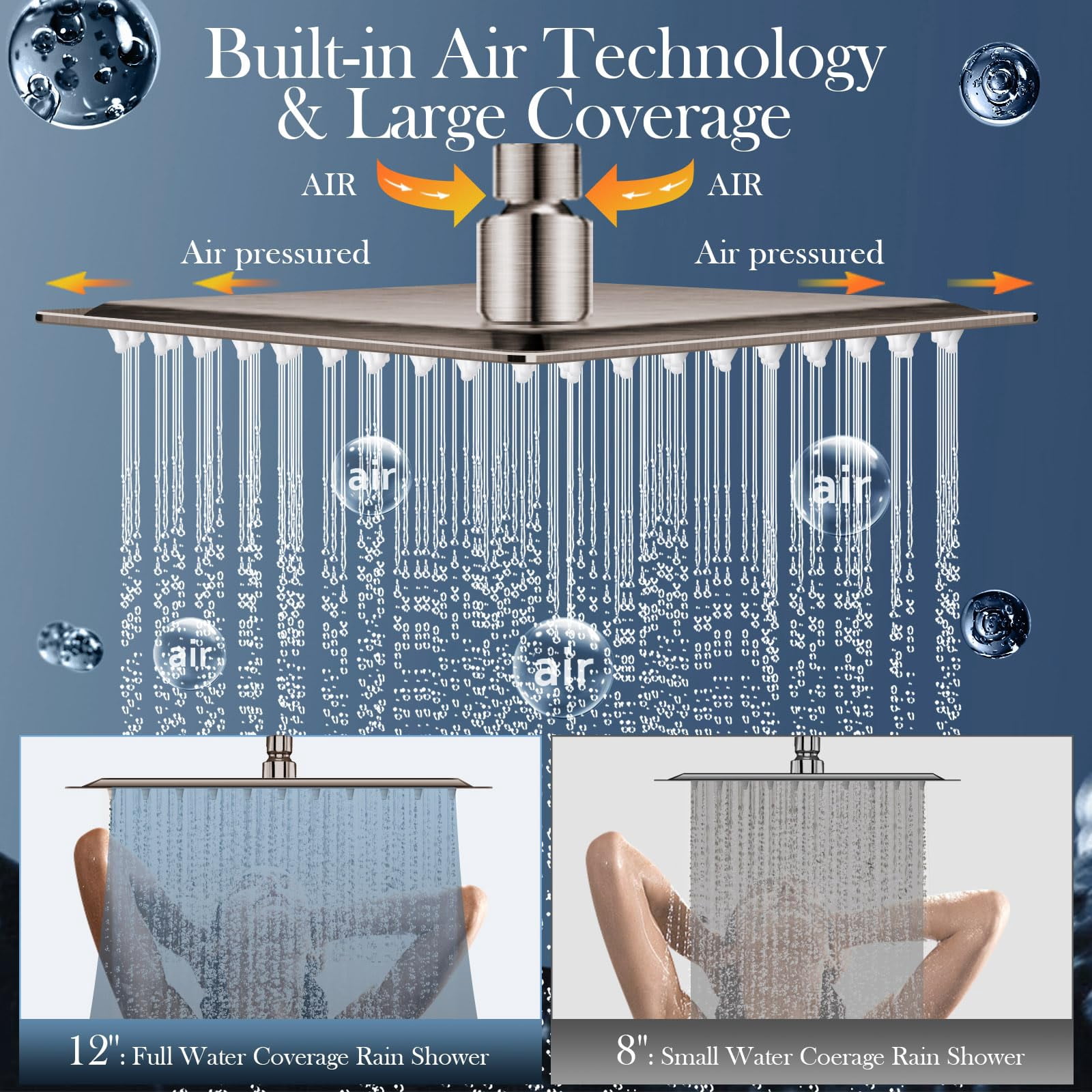 12'' Rain Shower Head Combo  High Rainfall With 16'' Flexible Height/angle Adjustable Extension Arm 5 Setting Spray Hand Held Nickel