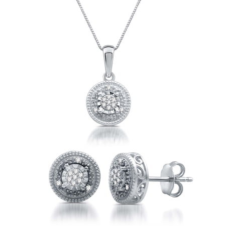 Brilliance Fine Jewelry Women's 1/10 CTTW Round Natural Diamond Sterling Silver Earrings and Pendant Set