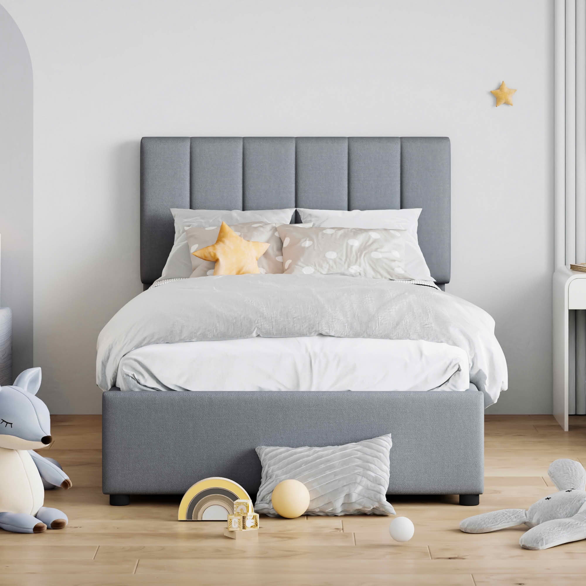 MAYEERTY Upholstered Platform Bed with Vertical Stripe Headboard & Spacious Underbed Storage, Sturdy Construction