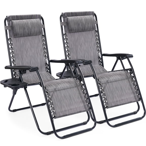 CONCETTA 2PCS Zero Gravity Patio Recliner, Textilene Folding Lounge with Adjustable Pillow & Cup Tray,Gray Stripes
