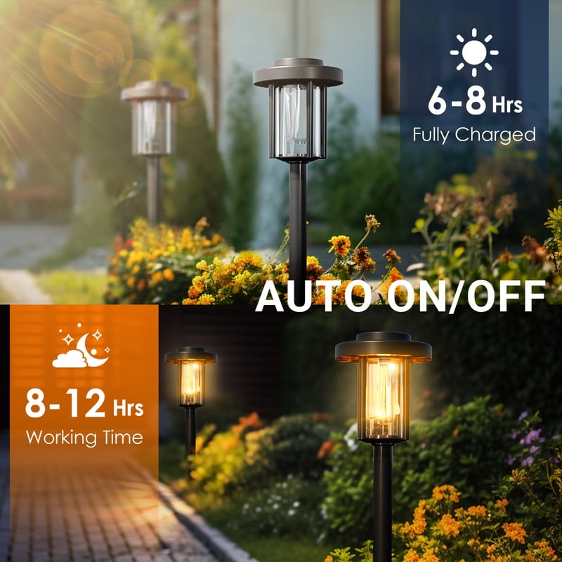 6 Pack Solar Powered Garden Lights, Waterproof IP65 Outdoor Pathway Lighting for Yard and Walkway, Warm White Solar Lights for Patio and Landscape