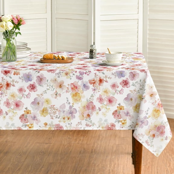 Spring Tablecloth 60×120 Inch Rectangular, Pink Lavender Watercolor Flowers Washable Seasonal Table Cover for Party Picnic Dinner Decor