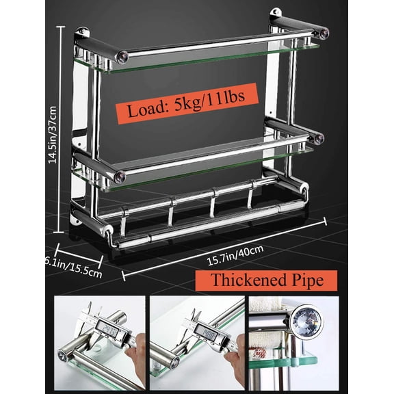 2 Tiers Stainless Steel Bathroom Shelf Tempered Glass Floating Shelves Wall Mounted Stainless Steel Rack 44.09lbs Capacity 15.75*6.1*14.96in for Living Rooms, Bathrooms, Kitchens