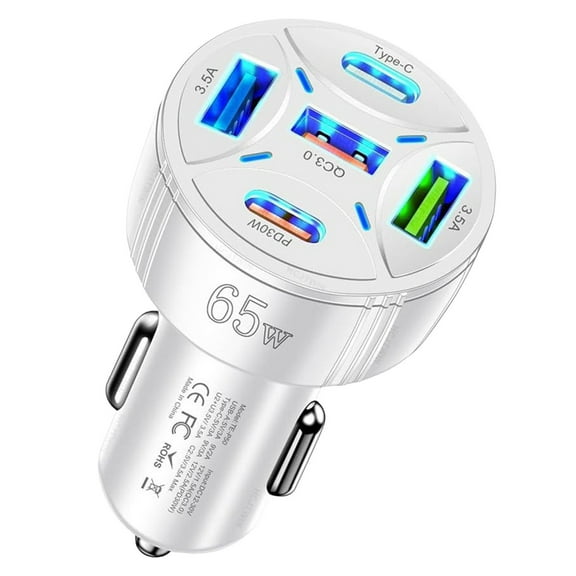 65W Car Charger - Quint - Port, Fast Charging, Universal Compatibility, Smart Charge Technology, Compact Design