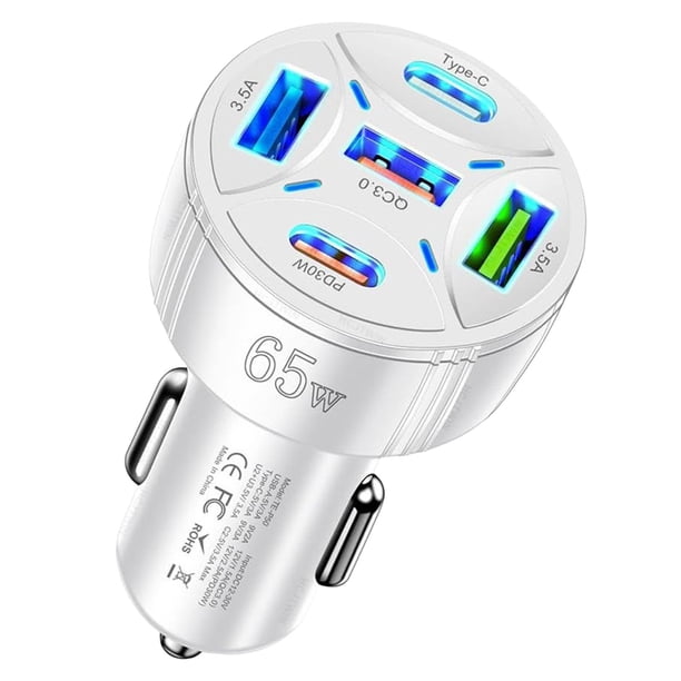 Cargador de coche de 65W Puerto Quint Hub de carga rápida de alta potencia de 1 a 5 puertos USB Adaptador de coche para smartphones y dispositivos