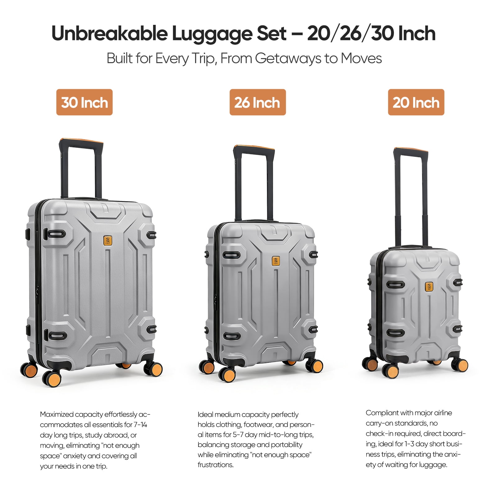3 Piece ABS Luggage Set with TSA Lock, 20/26/30 Inch Spinner Suitcase for Carry On and Checked Bag, Lightweight Durable Travel Bags for Family Vacation Holiday Travel Back to School and Business Trip