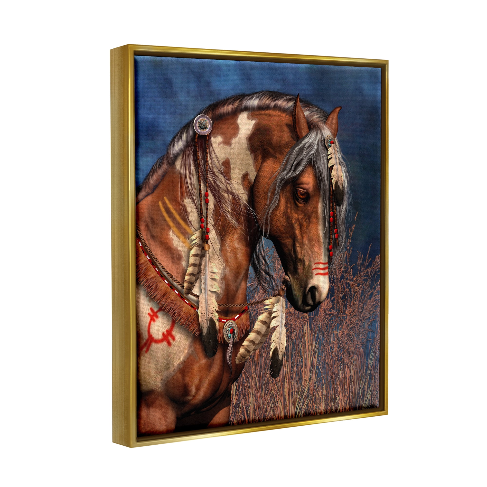 Stupell Industries War Pony Portrait Animals & Insects Painting Gold Floater Framed Canvas Art Print Wall Art, 17 x 21