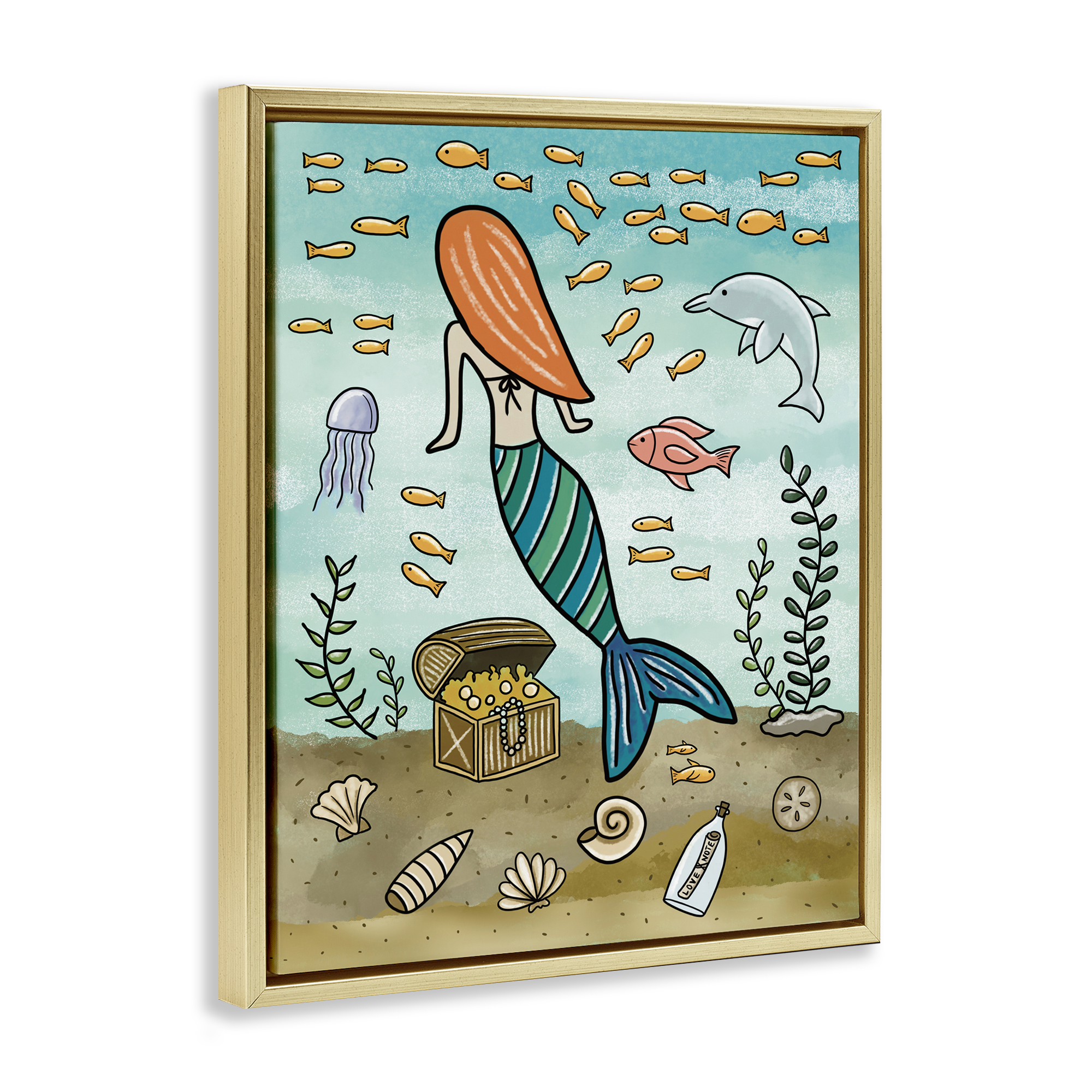 Mermaid Treasure Love Note Gold Framed Floater Canvas Wall Art, design by Jennifer Stith