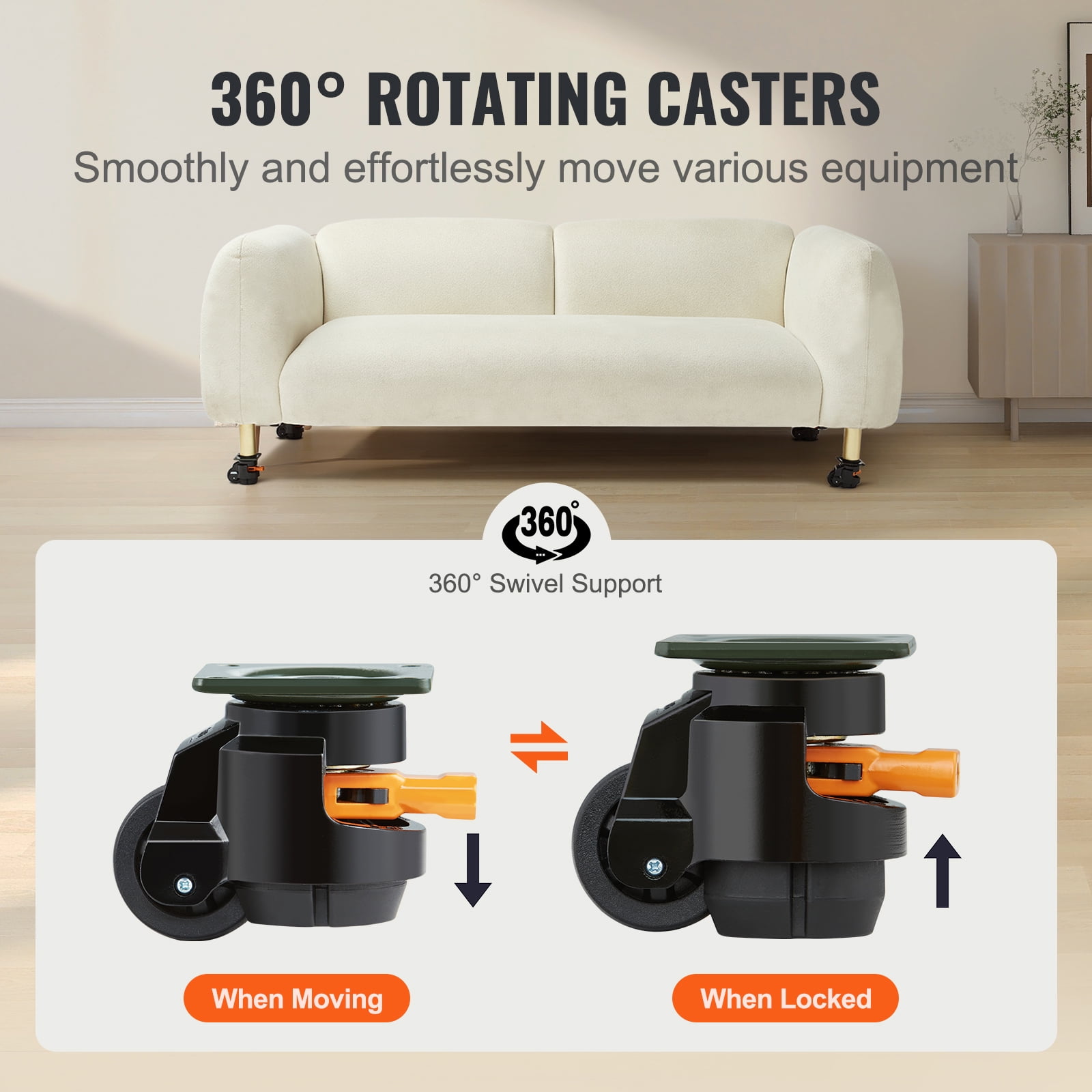 KFFKFF Adjustable Leveling Casters, 4-Pack Heavy Duty Swivel Wheels with 360° Rotation, Supports up to 1100 lbs, 2-Inch Diameter, Enhanced Handle Design and Stabilizing Feet