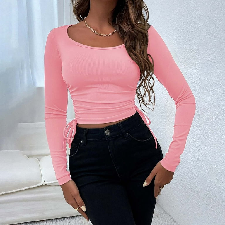 tklpehg Womens Long Sleeve Tee Shirt Fall Tops Solid Color Crewneck Leisure  Baggy Comfortable Blouses Pullover Tops Long Sleeve Tunic Tops Trendy Pink  L