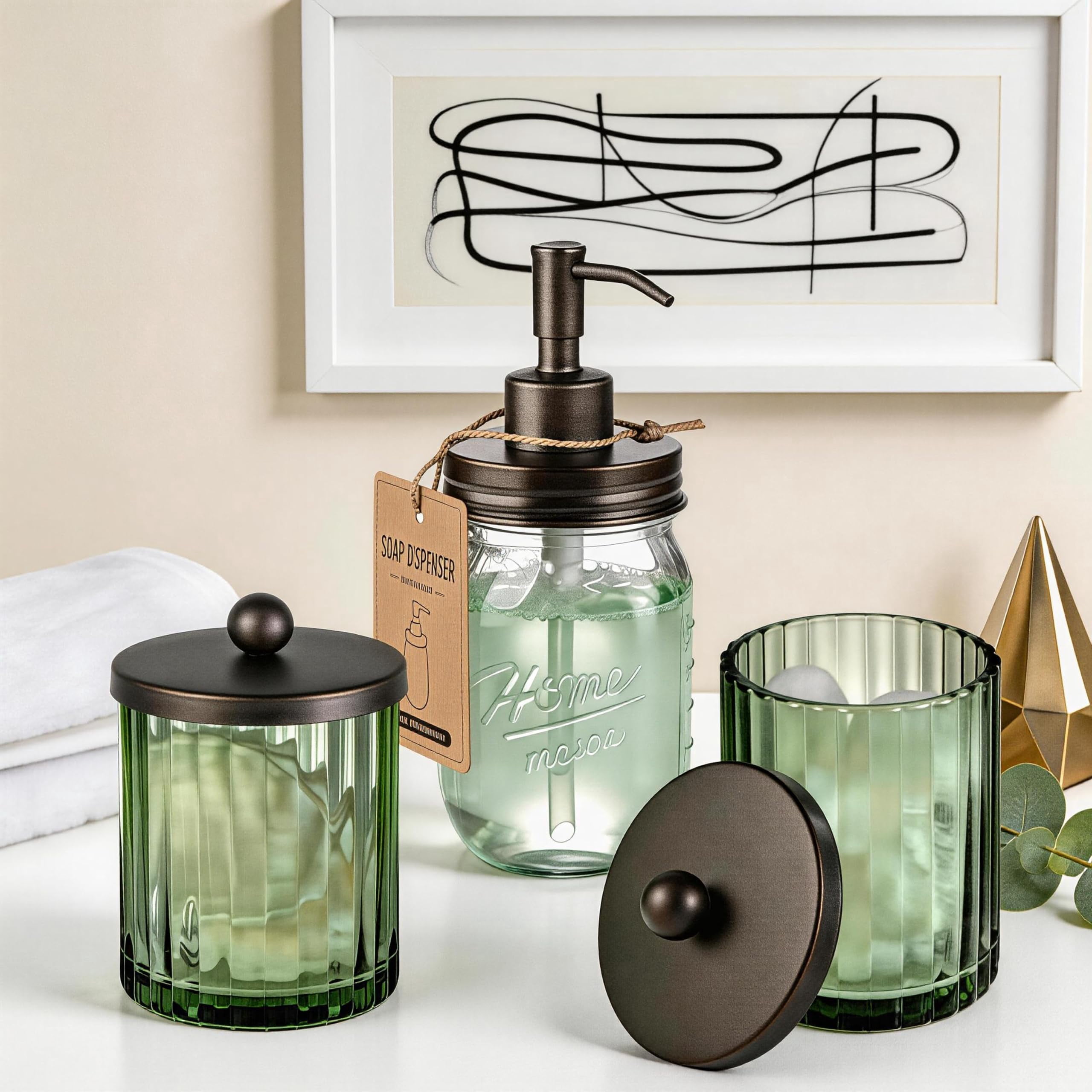 Sage Green Glass Apothecary Jar, Qtip Holder Dispenser for Cotton Swabs, Balls, Makeup Pads, Floss Picks, Bathroom Essential Accessories, Countertop Canister Storage Organizer (Black, 2 Pack)