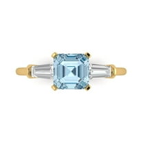 1.62 ct Square Emerald Cut Natural Aquamarine 3 Stone 18K Yellow Gold Womens Engagement Ring