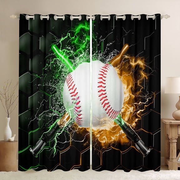 Feelyou Baseball Sports Boys Black Out Curtains, Green Yellow Lightning Curtains Pack of 2 (42x63 Each), Neon Gradient Honeycomb Bedroom Curtains, Curtains and Drapes Decor