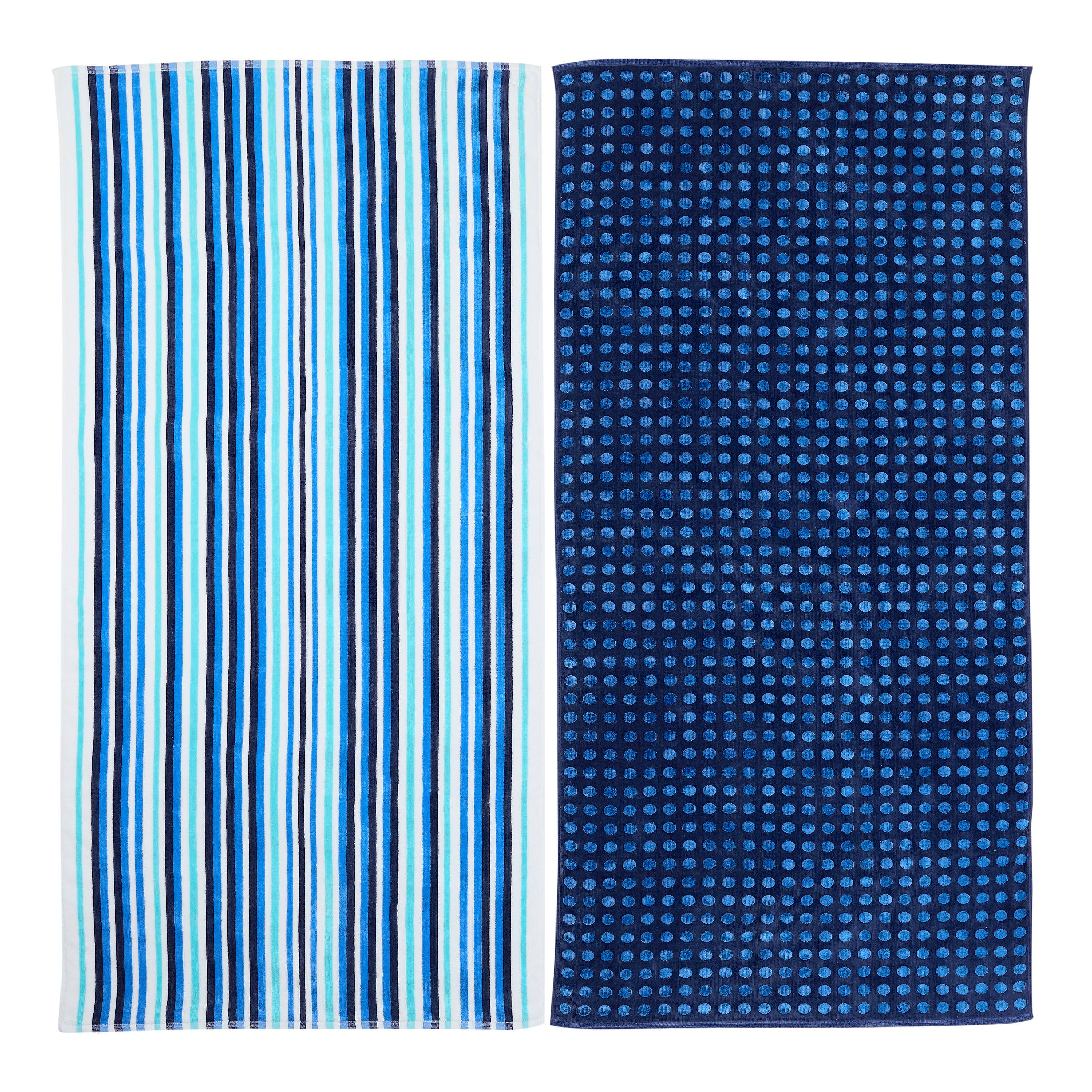 Mainstays 100 Cotton Dots and Stripes Beach Towel 2 Pack, Blue